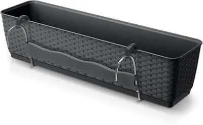 Produktbild von Großer Balkon-Blumenkasten 50 x 15 cm in Anthrazit mit Halterungen | Kunststoff-Pflanztopf in Flecht-Optik zum Einhängen an Geländer mit Bewässerungsboden und Bewässerungssystem
