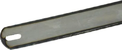 A close-up view of a metal saw blade with teeth along the edge and a hole at one end.