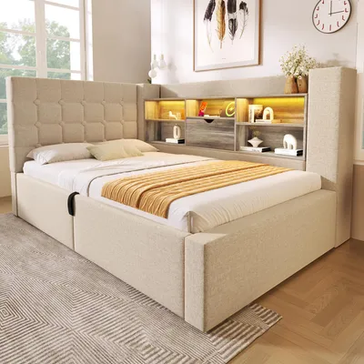 Image de OKWISH Lit Coffre 90x190 cm - Lit Capitonné Simple Ado avec LED, Ports USB Type-C et Tête de Lit Rangement - Sans Matelas - Lin Beige