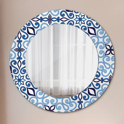 Produktbild von Wohnzimmer Spiegel - Mirror zum Wandspiegel Schlafzimmer – Schminkspiegel - Blau Arabisch Muster - Rund: Ø50cm