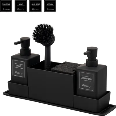 Immagine prodotto di Organizer per lavello eluno con superficie soft-touch, dispenser per sapone, ripiano, spazzola per piatti, spugne per piatti e altri accessori, nero