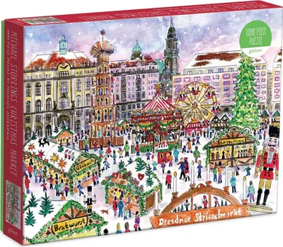 A watercolor illustration of a bustling Christmas market in Dresden, Germany, depicted on a puzzle box.