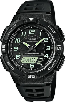 A close-up studio shot of a black Casio analog-digital sports watch with a black dial and luminous hands and markers.