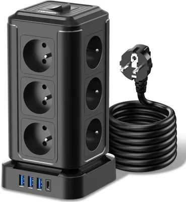 Obrázek produktu pro Zásuvková lišta s 12 francouzskými zásuvkami a 1 USB-C portem (20W) – prodlužovací kabel, maximální výkon 4000W/16A