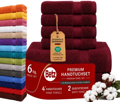 Produktbild von Betz 6er Handtuch Set Premium – 4 Handtücher 50x100 cm – 2 Duschtücher 70x140 cm -100% Baumwolle – Frottee Handtücher für Bad,Gäste,Alltag - dunkelrot