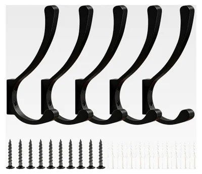 Produktbild von 5 Stück große Garderobenhaken, schwarze Kleiderhaken für die Wand, moderne Wandhaken zum Schrauben, Garderobe Haken für Jacken, Mäntel, Handtaschen