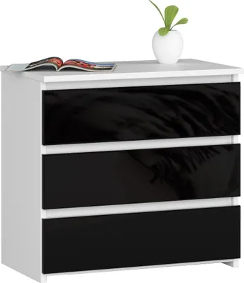 Produktbild von Nachttisch – Beistelltisch – Nachtschrank – 3 Schubladen – Weiß / Schwarz Hochglanz – 60 x 57 x 35 cm – Praktische Aufbewahrung für Schlafzimmer
