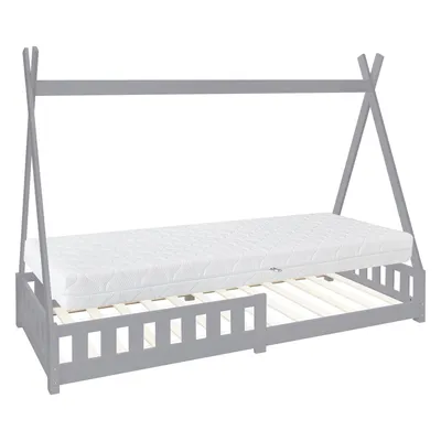 A grey wooden teepee-style bed frame with a white mattress and slatted base, shown against a white background.