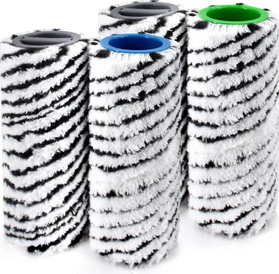 Four cleaning brush rollers with black and white striped patterns and colored caps are arranged in a group against a white background.