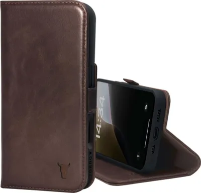 Image de TORRO Étui portefeuille en cuir pour iPhone 16 (avec fonction de support et chargement MagSafe) - Marron foncé