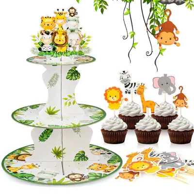 Imagen del producto de Soporte para cupcakes con temática de animales, con 10 adornos para cupcakes con motivos de la selva