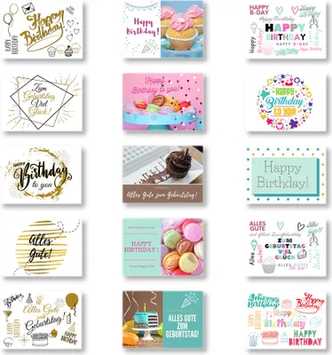 Produktbild von Domelo Geburtstagskarten, 15er Set mit Umschlag, Happy Birthday Postkarten, Kraftpapier Karten zum Geburtstag, Geburtstagskarte für Mann/ Frau/ Kinder, Postkarte als Grußkarten
