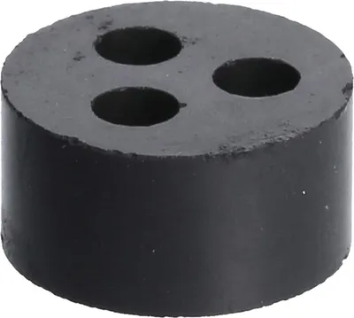 A black rubber component with three circular holes on its top surface, shown in a studio setting against a white background.