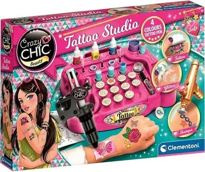 The image shows the packaging of a children's tattoo studio toy set, featuring illustrations of girls and the product itself.
