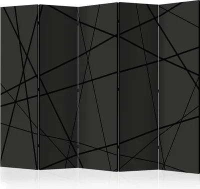 A black room divider with a geometric pattern of intersecting black lines.