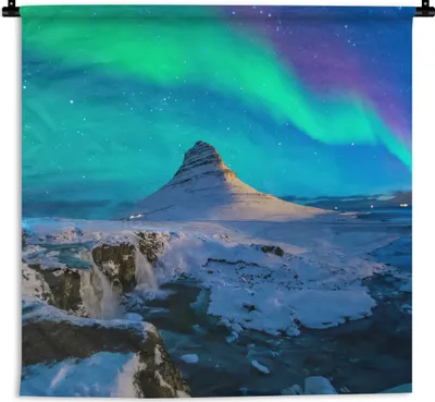 Produktbild von MuchoWow® Wandteppich Wandbehang Nordlichter - Berge - Island 120x120 cm Tapisserie Dekoration Wandtuch - Modern - Baumwollgewebe