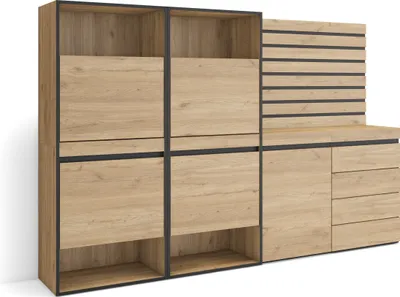 Image de COZY Meuble à Chaussures, 227x35x145 cm, Chambre à coucher, Commode, Buffet, Panneaux Muraux en Bois, Chêne