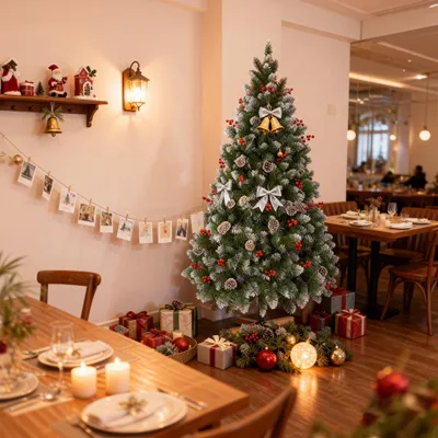 Image de LARS360 : Sapin de Noël artificiel de 225 cm avec pied en bois, effet neige, pommes de pin et baies rouges, sapin de Noël vert pour les fêtes