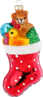 Produktbild von Christbaumschmuck Glas Weihnachtsstrumpf mit Teddybär / Ente 13cm rot
