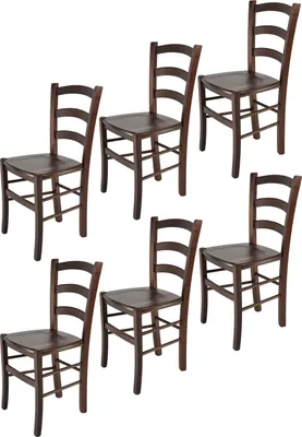 Produktbild von t m c s Tommychairs - 6er Set Stühle VENICE für Küche und Esszimmer, robuste Struktur aus lackiertem Buchenholz im Farbton dunkles Nussbraun und Sitzfläche aus Holz