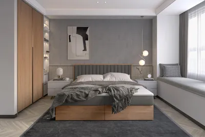 A modern bedroom with a bed, wardrobe, and window seat.