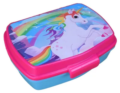 Produktbild von Kunststoff Brotdose 17x13x5,5cm Einhorn hellblau rosa Früchstücksbox