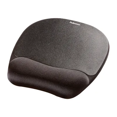 A black and gray mouse pad with a wrist rest.