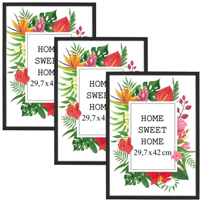 Produktbild von MG Design Set aus 3 Schwarz Bilderrahmen A3 29,7 x 42 cm - Aus echtem Holz mit Acrylglas, zum Aufhängen & Aufstellen, für Fotos, Poster & Puzzle