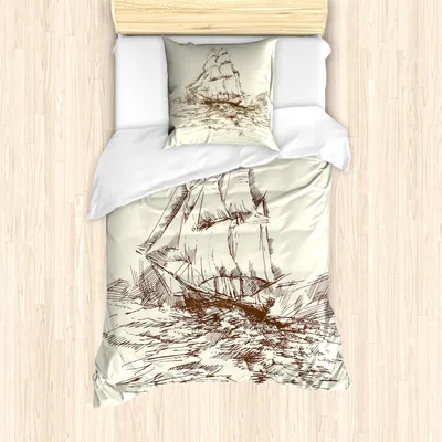 Produktbild von ABAKUHAUS Nautisch Mantele, Hand gezeichnet Schiff, Milbensicher Allergiker geeignet mit Kissenbezügen, 135 cm x 200 cm - 80 x 80 cm, Ivory Brown