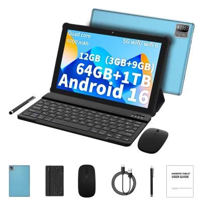 Produktbild von PRITOM 10 Zoll Android 16 Tablet, 12(3+9 erweiterbar)GB+64GB 1TB erweiterbar, WiFi 6, Dual-Box-Lautsprecher, BT5.0, mit Tastatur, Maus, Hülle, Blau