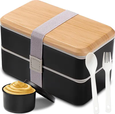 Obrázek produktu pro Bento box pro dospělé, box na oběd s přihrádkami (1,4 l), stohovatelný bento box na oběd pro dospělé, obdélníková nádoba na oběd se sadou příborů, nepropustný box na oběd, vhodný do mikrovlnné trouby/myčky nádobí