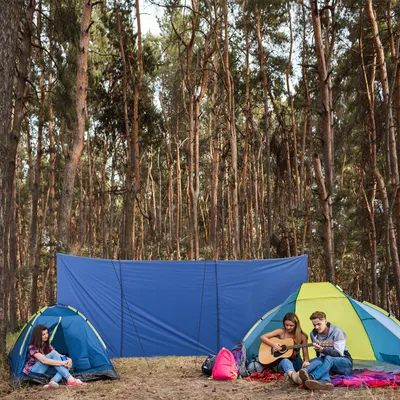 Produktbild von Windschutz faltbar Camping, Sichtschutz Strand Garten, Polyester Stahlstangen, Blau | 450 x 150 cm | 2,54 kg | mit Tragetasche