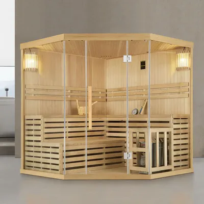 Produktbild von Artsauna Saunakabine Espoo200 Premium mit Saunaofen – 5 Personen – Hemlock Holz, Glasfront und LED Licht – Inkl. Thermometer & Sanduhr – Komplett Set