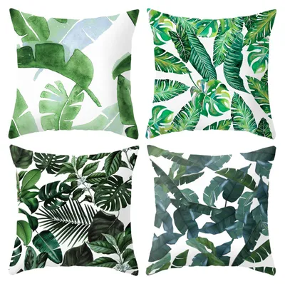 Produktbild von 4er Set Kissenbezug Tropische Blätter 45x45cm, Polyester Dekokissenbezug mit Reißverschluss, Grün, für Sofa Wohnzimmer Schlafzimmer Terrasse