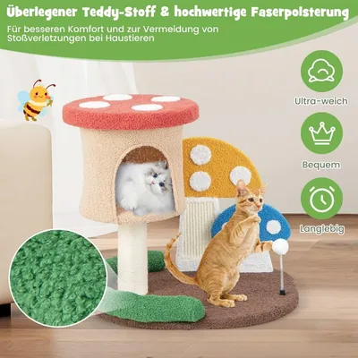 Obrázek produktu pro Škrabadlo ve vzhledu houby kočičí strom s kočičí jeskyní a sisalovým škrabadlem a velkou základnou a míčkem na hraní 60 x 49 x 59 cm
