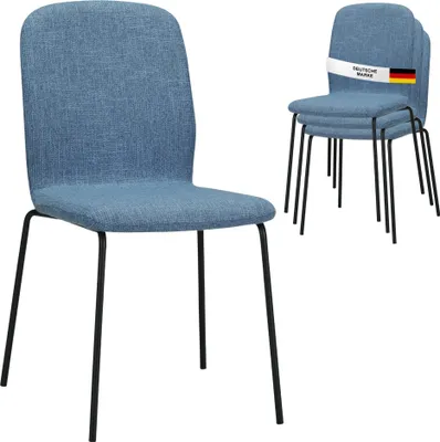 A blue fabric dining chair and a stack of three similar chairs with a German flag and text overlay.