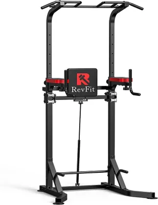 Imagen del producto de Torre de entrenamiento multifuncional con barra de dominadas y estación de fondos con altura ajustable, de 160 a 220 cm