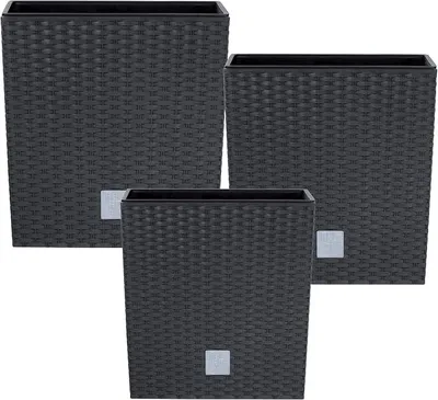 Produktbild von Set 3X Pflanztöpfe Blumentopf Einsatz Rattan Trapez H 26+32+40 cm Anthrazit mit Pflanzeinsatz Quadrat