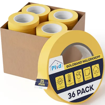 Produktbild von Plid® Goldband Malerkrepp (25mm x 50m, 36 Rollen) - Malerklebeband Nassfest - Innen & Außen - Abklebeband Maler, verhindert Unterlaufen von Farben