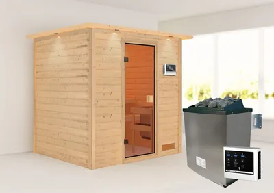 Produktbild von Karibu Sauna Innensauna Adelina Fronteinstieg Ofen 9 kW integr. Strg  224x184x191 cm mit Dachkranz