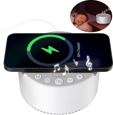 A smartphone is charging on a white sound machine, with a small inset image of a child sleeping next to a similar device.