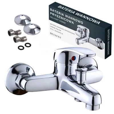 A chrome-finished faucet and its packaging are displayed against a white background.