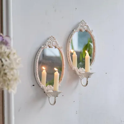 Productafbeelding van Set van 2 wandkandelaars, vintage met spiegel, rustieke metalen kaarsenhouder, wit, antieke wanddecoratie