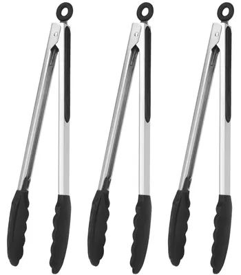 Küchenzange 30 cm, 3 Stück, Edelstahl mit Silikonspitzen, hitzebeständig