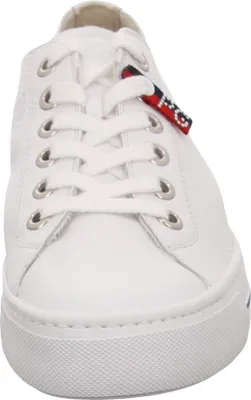 A close-up, front-facing view of a white leather sneaker.