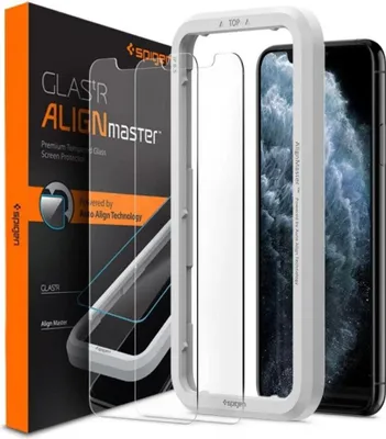 A product shot of a Spigen screen protector for an iPhone 11, including the packaging and an alignment tool.