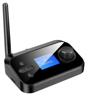 A black wireless audio adapter with an antenna and a display screen.
