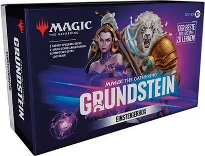 A box of Magic: The Gathering Grundstein Einsteigerbox (German version) with artwork of characters and the game's logo.