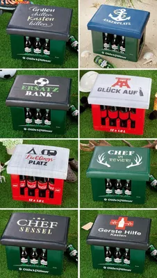 Produktbild von Outdoor Hocker Bierkiste, Sitzaufsatz Modell: HAPPY CAMPER, Material Kunstleder, Maße 44 x 34 x 5 cm, Farbe grün, ideal für Garten, Terrasse, Bar, oder einfach Zuhause.