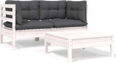 Produktbild von 3-tlg. Garten-Lounge-Set mit Kissen in Weiß Kiefer Massivholz